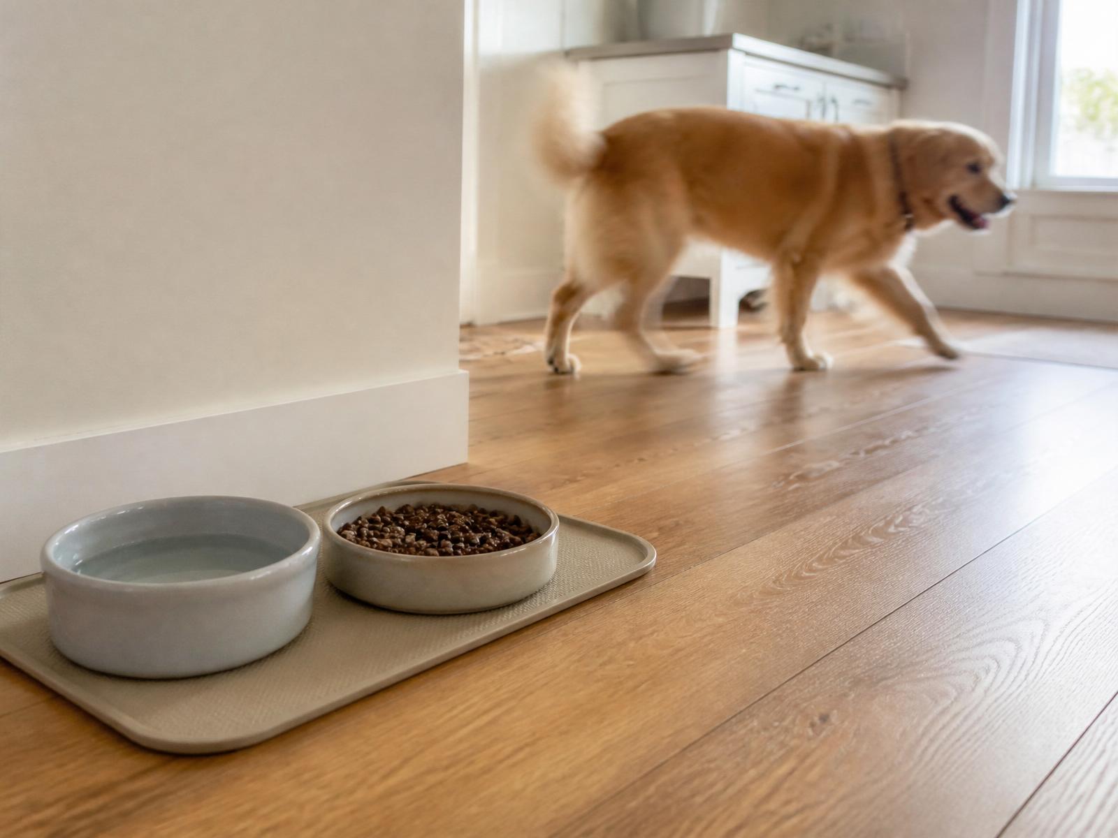 Clean dog food and water bowl station with a golden retriever walking in the background