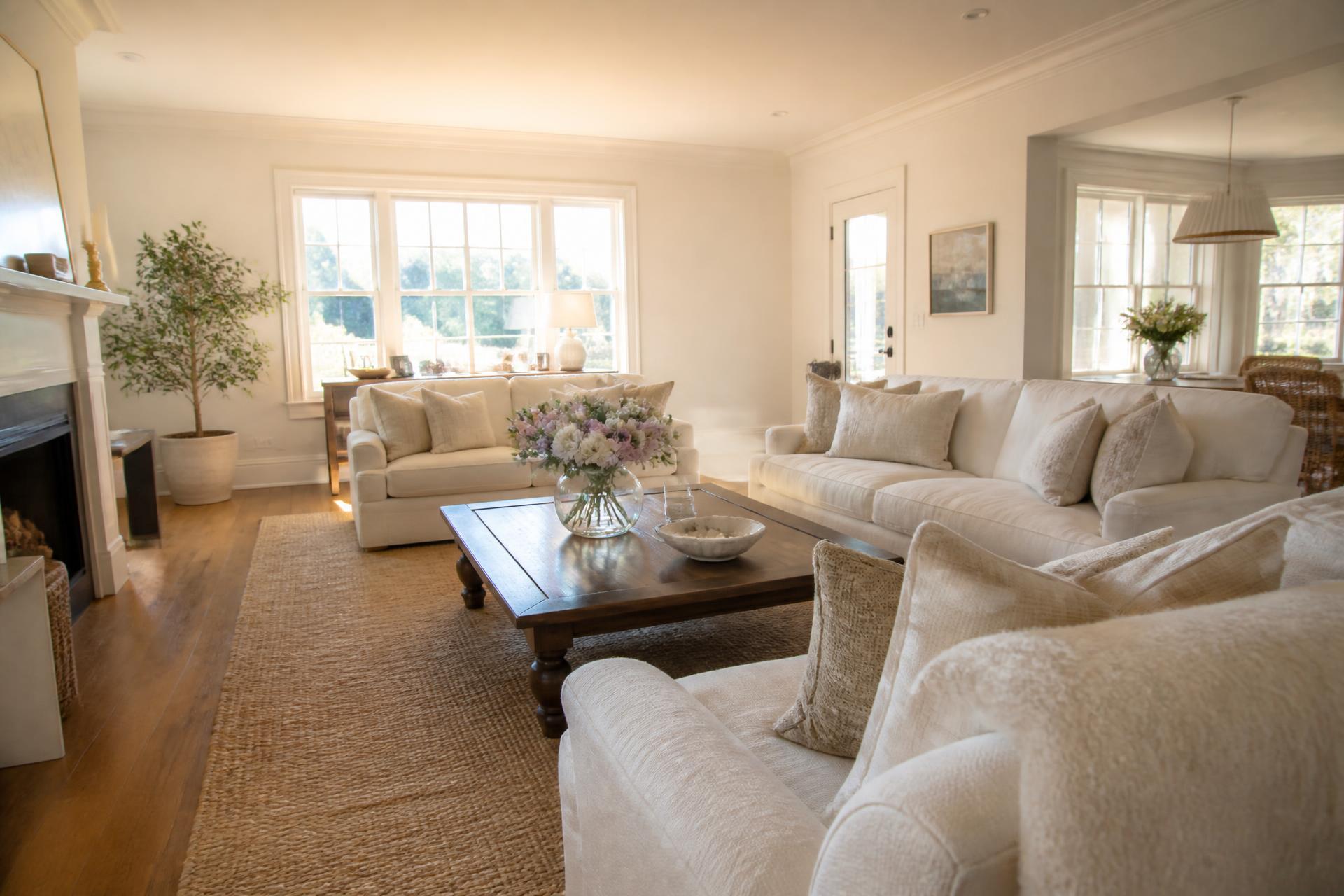 Sunlit family living room with linen sofas and fresh flowers