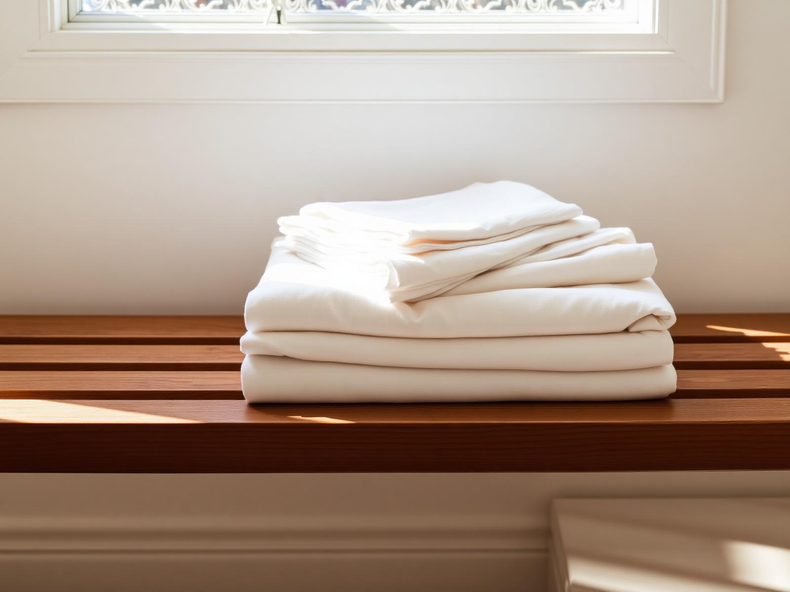 Stack of neatly folded linens by a window